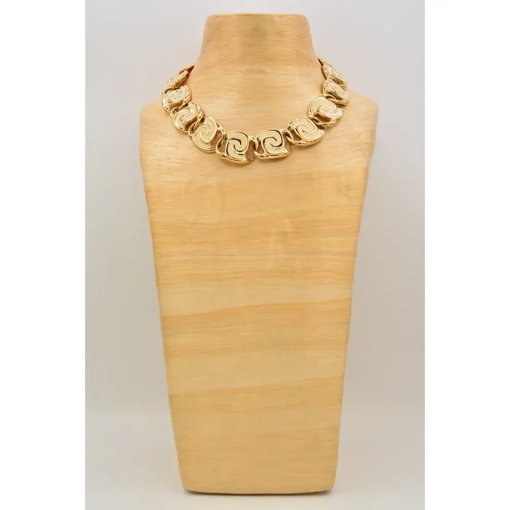 Vintage Cream Enamel Swirl Statement Necklace Collar Gold Chunky Heavy 80s BinY